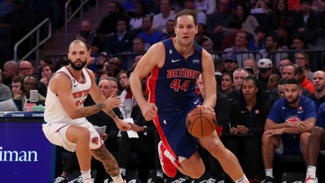 Oct 21, 2022; New York, New York, USA; Detroit Pistons forward Bojan Bogdanovic (44) moves the ball past New York Knicks guard Evan Fournier (13) during the second quarter at Madison Square Garden. Mandatory Credit: Tom Horak-USA TODAY Sports